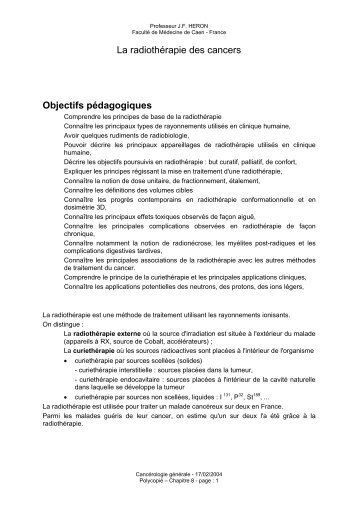 La radiothérapie des cancers Objectifs pédagogiques - Oncoprof