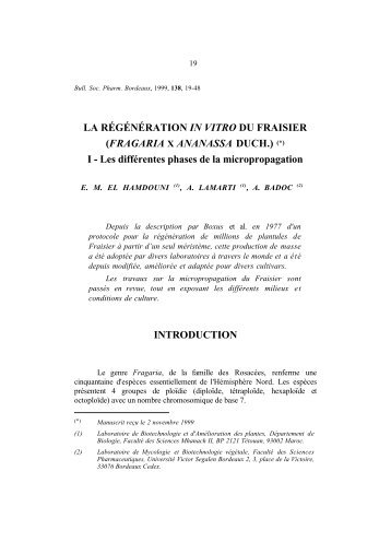 LA RÉGÉNÉRATION IN VITRO DU FRAISIER - Société de ...
