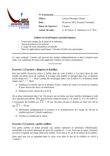 Exercice 1 (9 points) : dioptres et lentilles Exercice 2 (2 ... - UFR SciFA