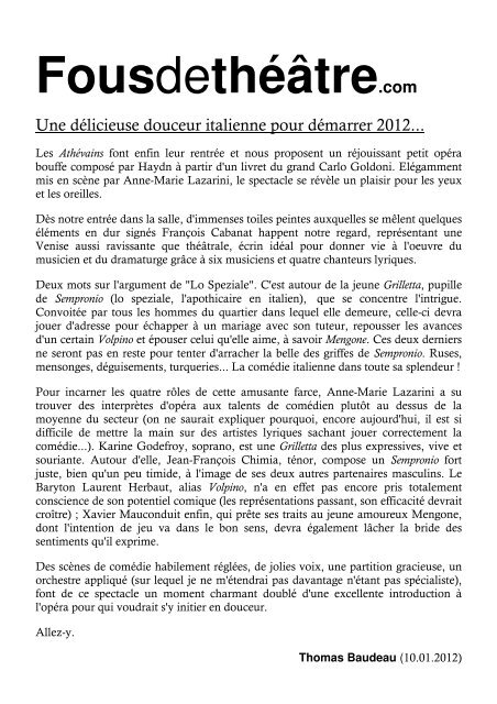 Lo speziale (L'apothicaire) - Théâtre du Passage