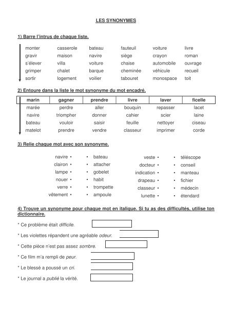 LES SYNONYMES 1) Barre l'intrus de chaque liste. - Professeur Phifix