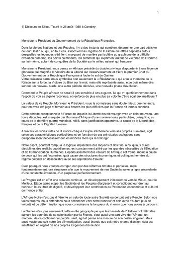 1 1) Discours de Sékou Touré le 25 août 1958 à Conakry. Monsieur ...