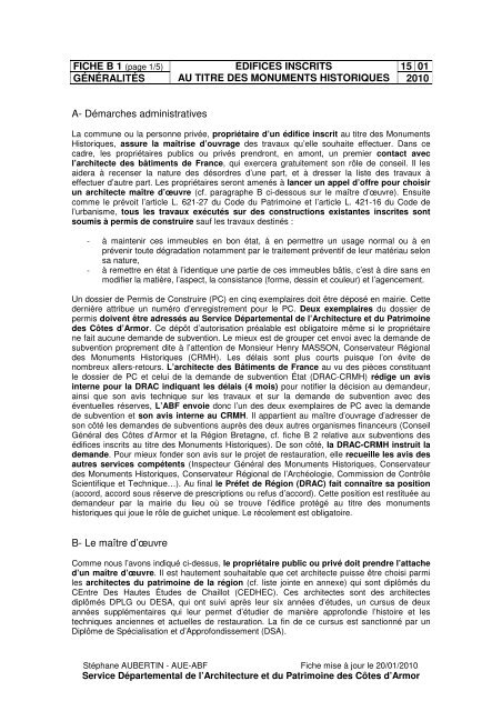 Edifices inscrits au titre des MH - Généralités - Fédération ...