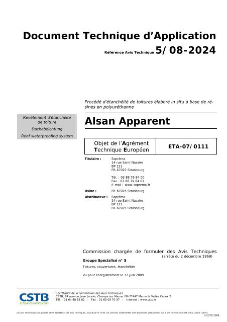 Document Technique d'Application Alsan Apparent - CSTB