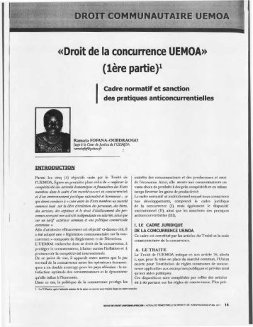 Droit de la concurrence UEMOA 1ère partie : cadre normatif et ...