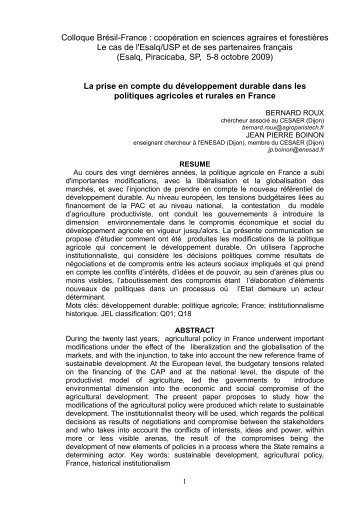 Colloque Brésil-France : coopération en sciences agraires et ... - USP