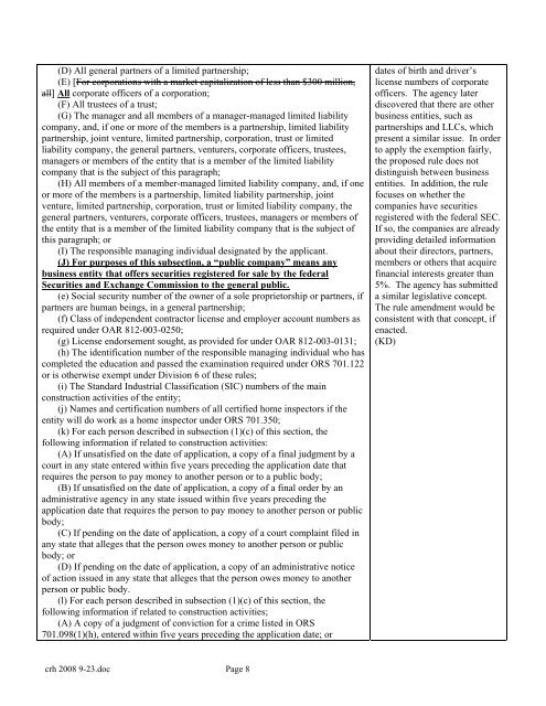 Permanent Rule - Construction Contractors Board