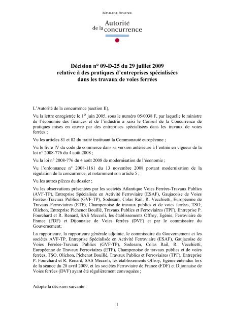 Décision n° 09-D-25 du 29 juillet 2009 relative à des ... - Concurrences