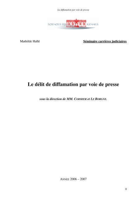 Le délit de diffamation par voie de presse - Sciences Po Rennes