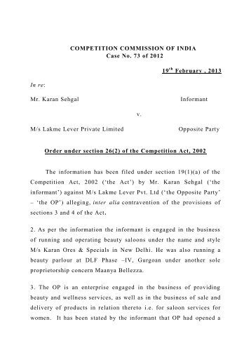 Mr. Karan Sehgal vs M/s Lakme Lever Pvt. Ltd. - Competition ...