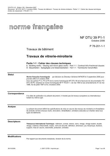 NF DTU 39 P1-1 Travaux de vitrerie-miroiterie