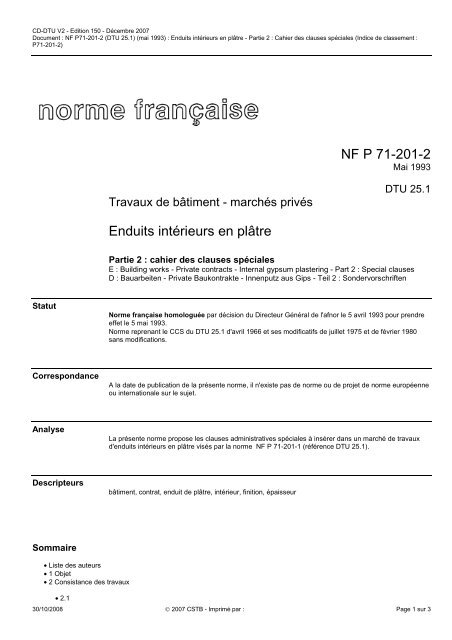 NF P71-201-2 (DTU 25.1) (mai 1993) : Enduits intérieurs en plâtre