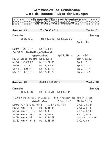 Communauté de Grandchamp Liste de lectures - Liste der Lesungen