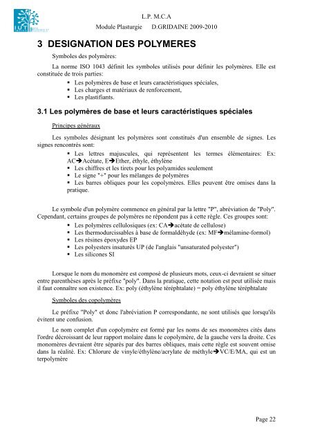 Structure et propriétés des polymères - Profil: D. GRIDAINE