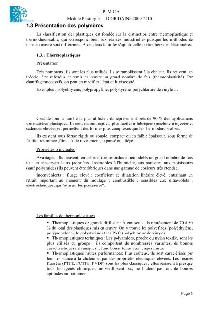 Structure et propriétés des polymères - Profil: D. GRIDAINE