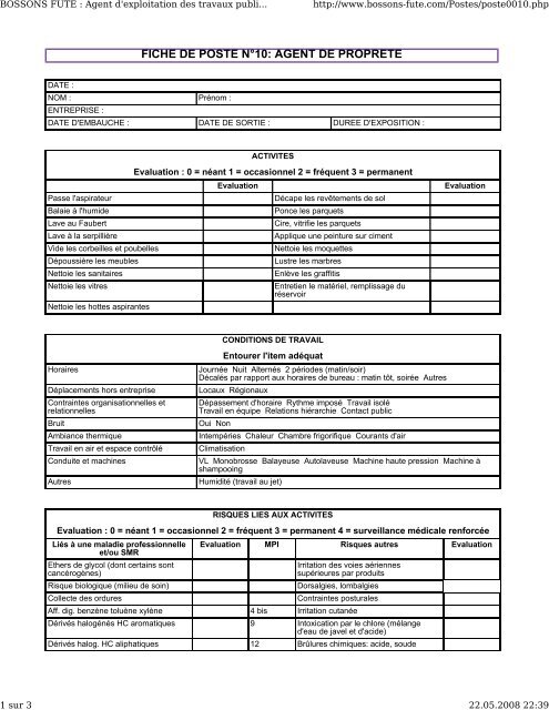 FICHE DE POSTE N°10: AGENT DE PROPRETE - Bossons futé