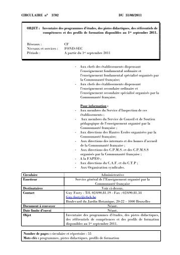 CIRCULAIRE n° DU - Enseignement en Communauté française