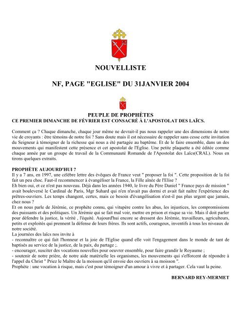 nouvelliste nf, page "eglise" du 31janvier 2004 - Diocèse de Sion