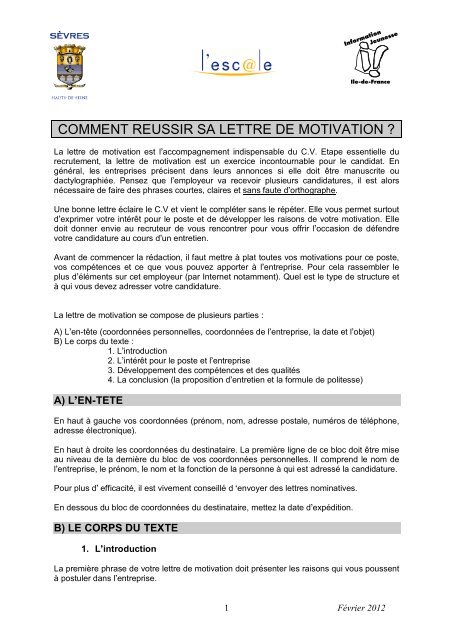 COMMENT REUSSIR SA LETTRE DE MOTIVATION ? - Sèvres