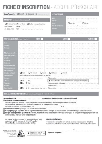 FICHE D'INSCRIPTION - ACCUEIL PÉRISCOLAIRE - UNCMT