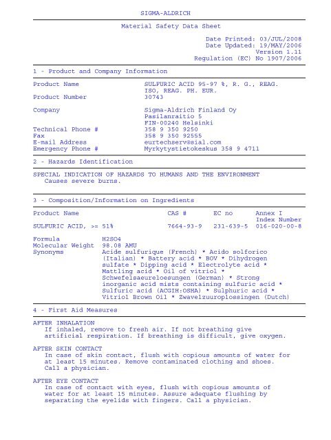 Acide sulfurique 95-97 % CAS 7664-93-9