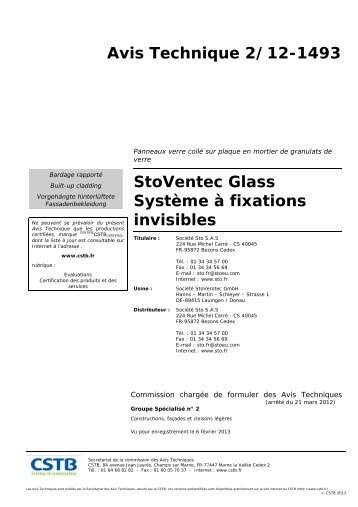 Avis Technique 2/12-1493 StoVentec Glass Système à fixations ...