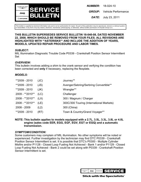 this bulletin supersedes service bulletin 18-040-08, dated ... - Chrysler