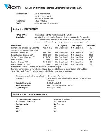 MSDS: Brimonidine Tartrate Ophthalmic Solution, 0.2%