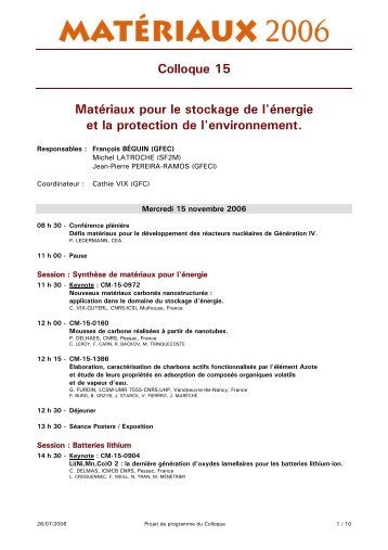 Colloque 15 Matériaux pour le stockage de l'énergie et la protection ...