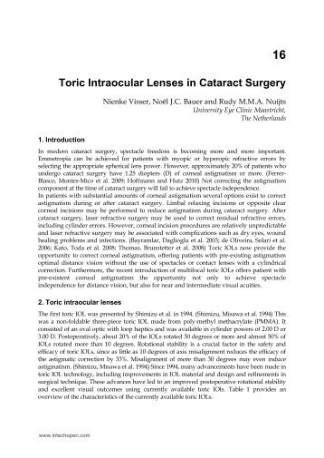 Toric Intraocular Lenses in Cataract Surgery - InTech