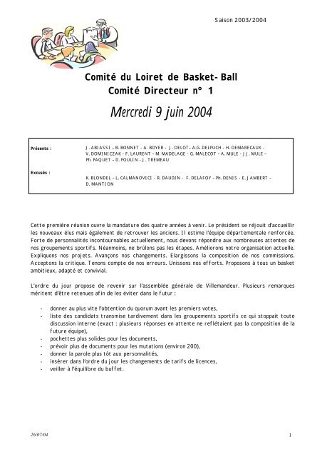 Cd N 1 09 Juin 04 Comite Du Loiret De Basket Ball