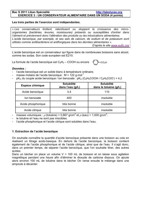 Bac S 2011 Liban Spécialité http://labolycee.org EXERCICE 3 : UN ...