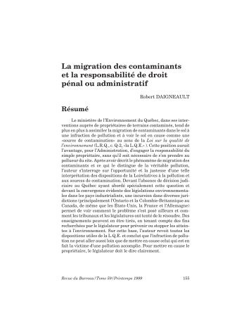 La migration des contaminants et la responsabilité de droit pénal ou ...