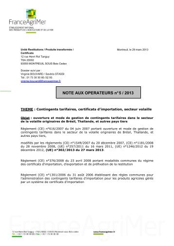 NOTE AUX OPERATEURS n° 5 / 2013 - FranceAgriMer