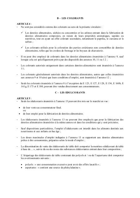 2009 - Circulaire conjointe relative aux additifs alimentaires - ONSSA