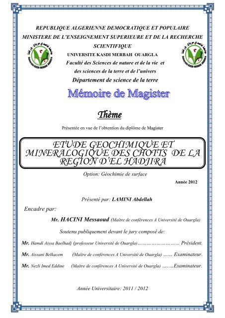 Thème ETUDE GEOCHIMIQUE ET MINERALOGIQUE DES ...