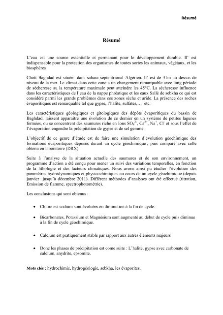 Thème ETUDE GEOCHIMIQUE ET MINERALOGIQUE DES ...