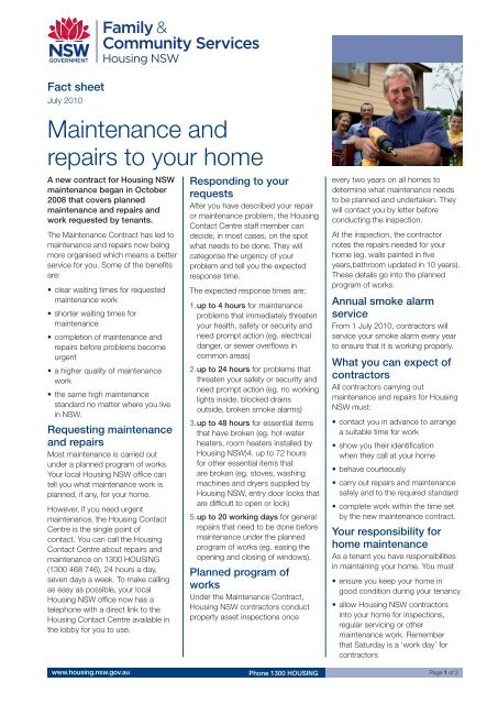 Maintenance and repairs to your home - Fact sheet - Housing NSW