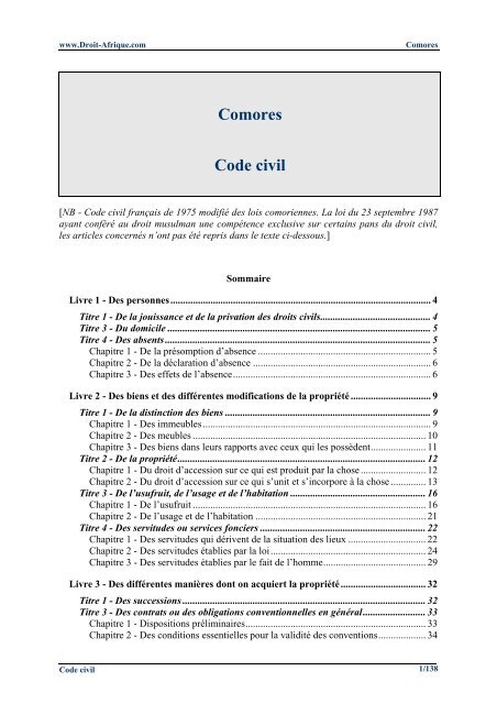 Comores - Code civil (www.droit-afrique.com)
