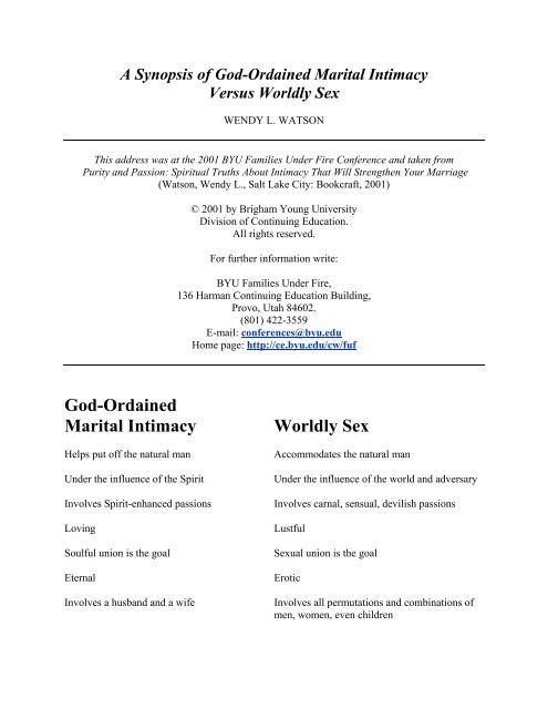 A Synopsis of God-Ordained Marital Intimacy Versus Worldly Sex