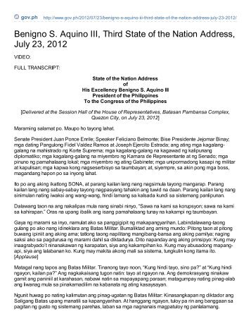 Benigno S. Aquino III, Third State of the Nation Address, July 23, 2012