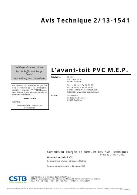 Avis Technique 2/13-1541 L'avant-toit PVC M.E.P. - CSTB