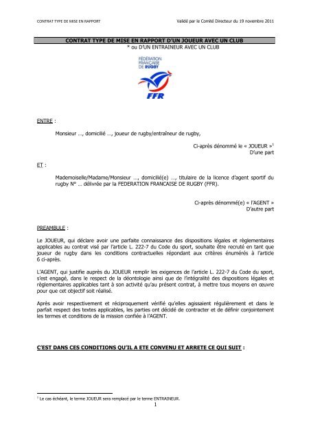 Contrat type de mise en rapport JOUEUR /AGENT SPORTIF - FFR