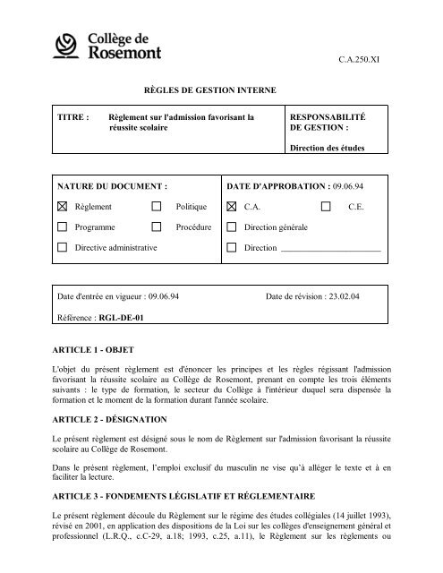 Reglement Sur L Admission Favorisant La Reussite Cegep Distance