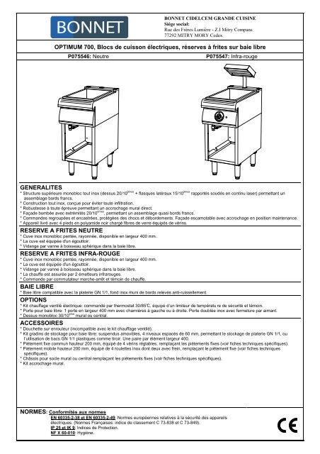 OPTIMUM 700, Blocs de cuisson électriques, réserves à ... - Bonnet