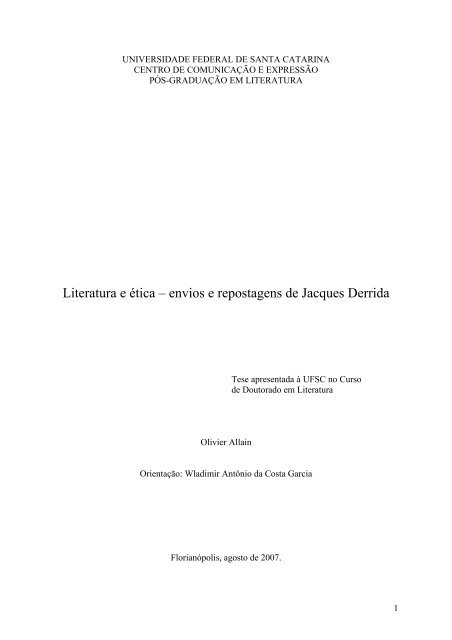 AS LEIS DA HOSPITALIDADE – D(errida)entre ética e literatura