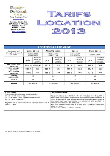 tarifs 2013 location - L'Artaudois