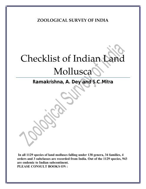 Checklist of Indian Land Mollusca - Zoological Survey of India