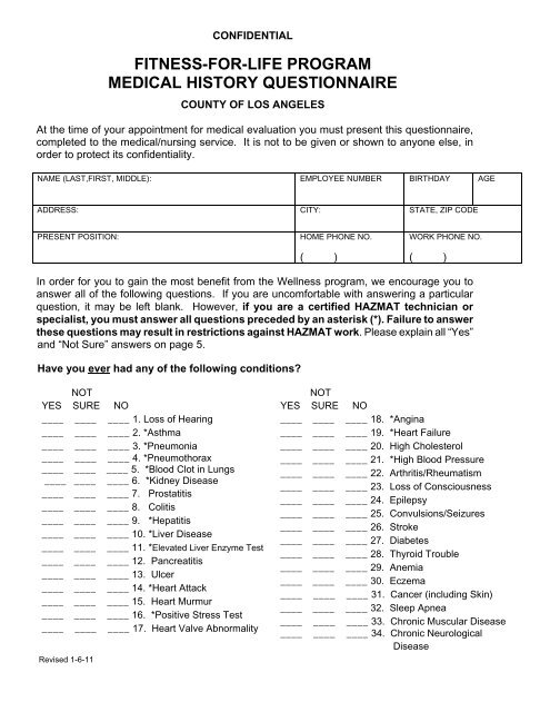 fitness for life program medical history questionnaire