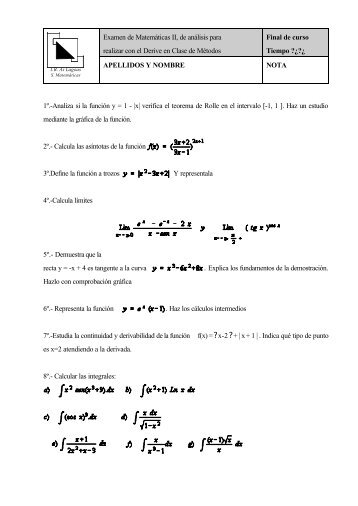 Examen de Matemáticas II, de análisis para realizar con el Derive ...